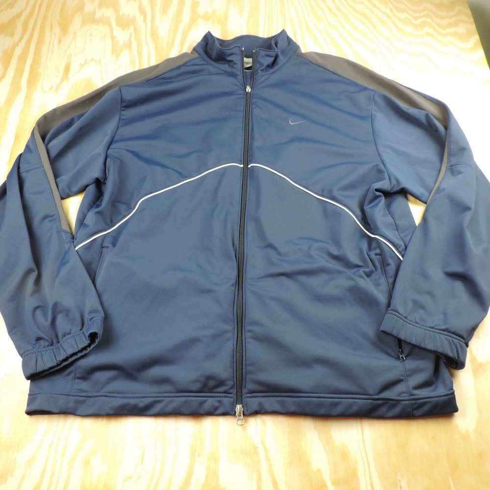 Nike Mens XXL Full Zip Track Jacket Navy Blue Gray Piping Mock Neck Gray Tag